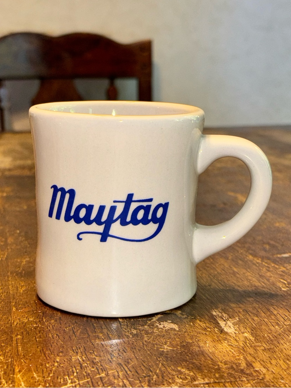 Vintage Maytag Advertising Coffee Mug Blue Logo White Diner Restaurant Ware Cup